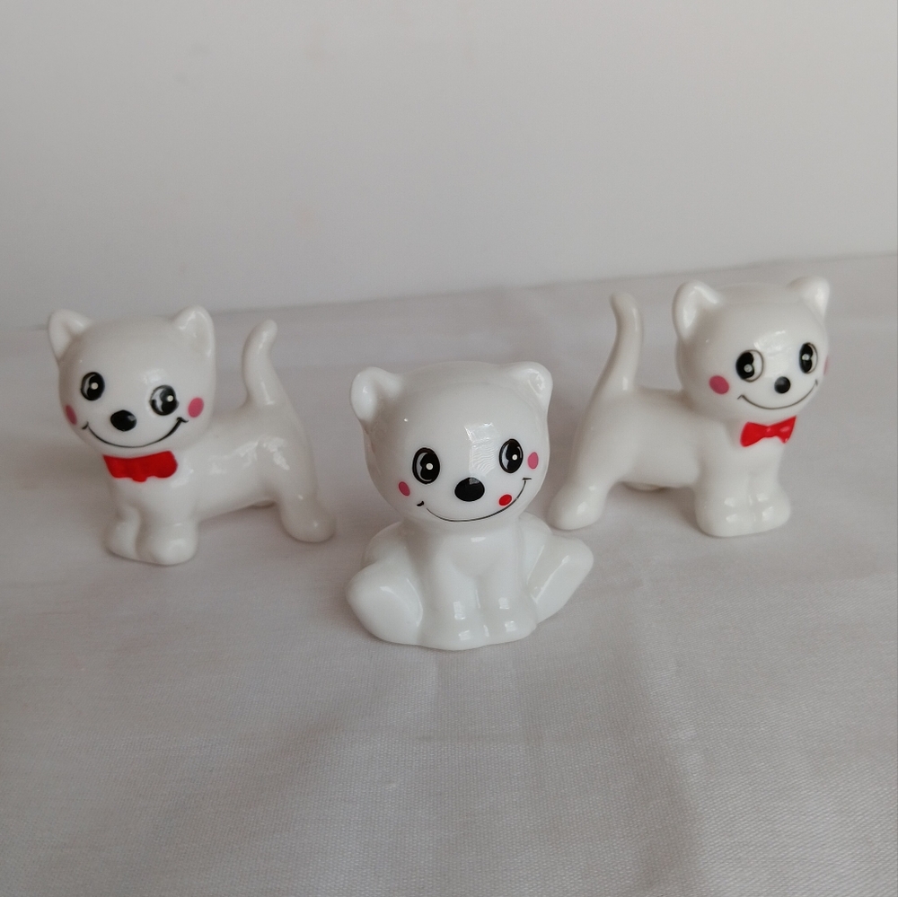 Vtg. White Porcelain Cat Figurines with Red Accents Lot Of 3
